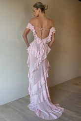 Off Shoulder Flounced High Slit Backless Maxi Dresses-Pink